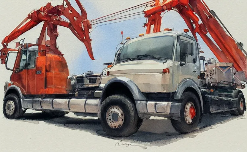 Image similar to concept art of a crane truck, pinterest, artstation trending, behance, watercolor, by coby whitmore, silver, laser light,