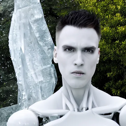 Image similar to made of ice, a realistic detailed photo of a guy who is an attractive humanoid who is half robot and half humanoid, who is a male android, on display, blank stare, showing off his muscles, shiny skin, posing like a statue, by the pool, frozen ice statue, twitch streamer / gamer ludwig, humanoid robot