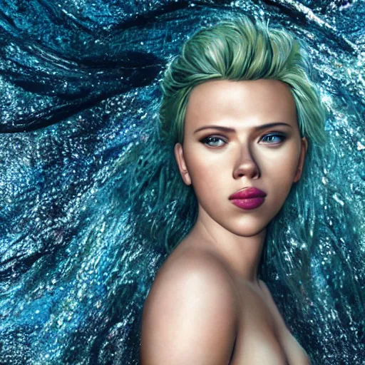 Image similar to scarlett johansson in a mermaid outfit, highly detailed face, 8 k