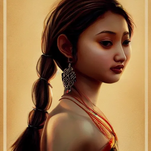 Prompt: beautiful Assamese girl wearing mekhela sleeveless with short wavy hair like brenda song, portrait,oil painting, intricate complexity, rule of thirds, trending on pixiv, by Charlie Bowater,8k character concept, dramatic lighting