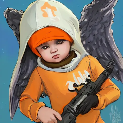 Image similar to baby Angel, baby cherub,wearing angel halo, ski mask, balaclava, face covered, wearing angel halo covered face, orange hoodie, hip hop, multiple golden necklaces, fantasy art apex fortnite Video game icon, 2d game art gta5 cover , official fanart behance hd artstation by Jesper Ejsing, by RHADS, Makoto Shinkai and Lois van baarle, ilya kuvshinov, rossdraws