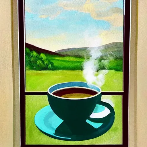 Image similar to “ nostalgic painting of a breakfast table with a steaming cup of coffee and a newspaper. the window behind it shows a green idyllic hill with a road on it, and families walking to school ”