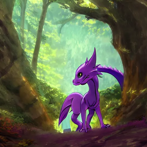 Image similar to concept art painting of a purple anime furry anthro dragon, in the deep forest, realistic, detailed, cel shaded, in the style of makoto shinkai and greg rutkowski and james gurney