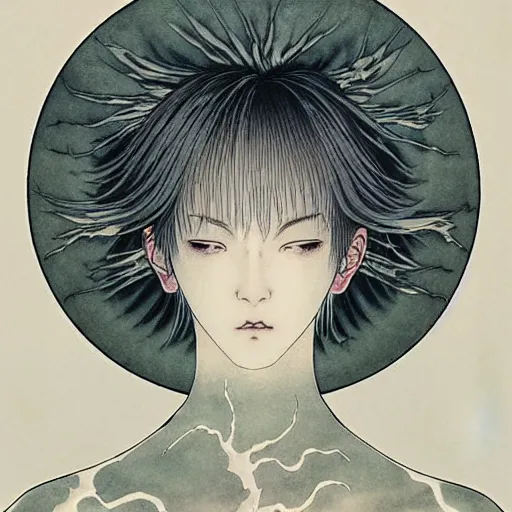 Image similar to prompt: Fragile looking soft light portrait face drawn by Takato Yamamoto and Katsuhiro Otomo, inspired by Ghost in Shell anime, magical and alchemical objects on the side, soft light, intricate detail, intricate ink painting detail, sharp high detail, manga and anime 2000