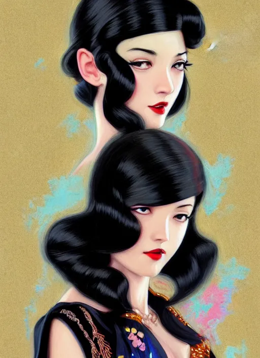 Image similar to a beautiful dancer with black hair in 1930's fashion, living room background, intricate, highly detailed, digital painting, artstation, official media, anime key visual, concept art, rich vivid colors, ambient lighting, sharp focus, illustration, art by Artgerm, Makoto Shinkai, Ilya Kuvshinov, Lois Van Baarle, and Rossdraws