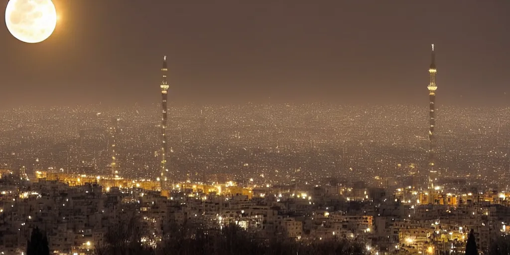 Image similar to tehran skyline in a winter night, full moon in the sky, two lovers kissing