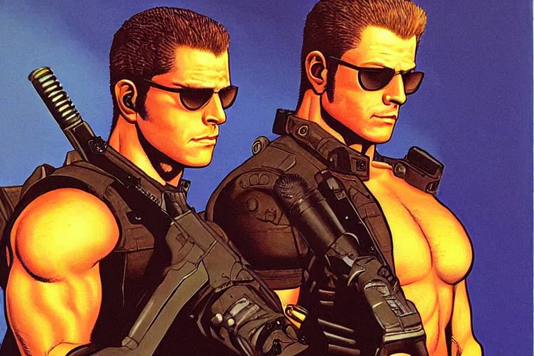 Prompt: albert wesker and chris redfield, painting by jean giraud