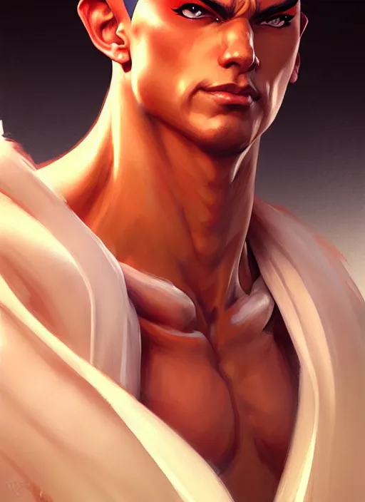 Image similar to Portrait of Ken from Street Fighter, muscular, robes! intricate, elegant, highly detailed, digital painting, artstation, concept art, smooth, sharp focus, illustration, art by artgerm and greg rutkowski and alphonse mucha