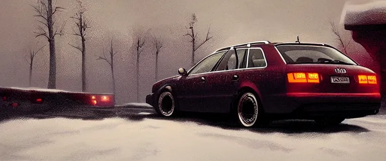 Image similar to Audi A4 B6 Avant (2002), a gritty neo-noir, dramatic lighting, cinematic, establishing shot, extremely high detail, photorealistic, cinematic lighting, artstation, by simon stalenhag, Max Payne (PC) (2001) winter new york, eldritch horror