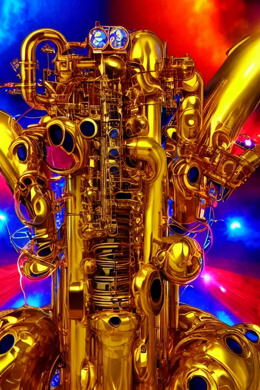 Prompt: portrait photo of a giant huge golden and blue metal humanoid steampunk robot saxophone player with multicolored big gears and tubes, a golden saxophone, eyes are glowing red lightbulbs, shiny crisp finish, 3 d render, 8 k, insaneley detailed, fluorescent colors, background is multicolored lasershow