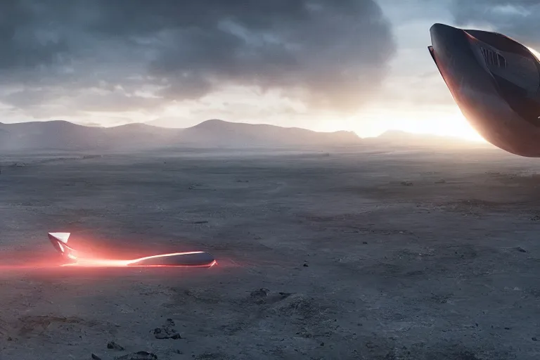 Image similar to VFX movie of a futuristic spaceship landing in war zone, natural lighting by Emmanuel Lubezki