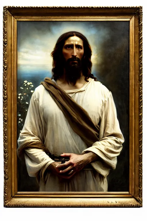 Image similar to photograph imax and solomon joseph solomon and richard schmid and jeremy lipking victorian loose genre loose painting full length portrait painting of jesus