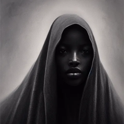 Image similar to a portrait of a young black woman wearing a long dark cloak, hood and shadows covering face, anatomically correct, beautiful perfect face, enigmatic, oil painting, matte painting, black background, Volumetric dynamic lighting, Highly Detailed, Cinematic Lighting, Unreal Engine, 8k, HD, by Beksinski