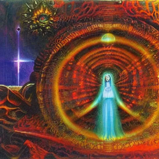 Image similar to the sacred goddess, hermetic, occult, surreal, hidden knowledge by Paul Lehr, Karl Kopinski, Ayahuasca'