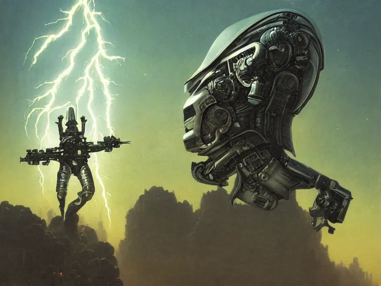 Prompt: a detailed profile painting of a bounty hunter in armour and visor, cinematic sci-fi poster. Spaceship high in the background. Flight suit, anatomy portrait symmetrical and science fiction theme with lightning, aurora lighting clouds and stars. Planet backdrop. Clean and minimal design by beksinski carl spitzweg giger and tuomas korpi. baroque elements. baroque element. intricate artwork by caravaggio. Oil painting. Trending on artstation. 8k