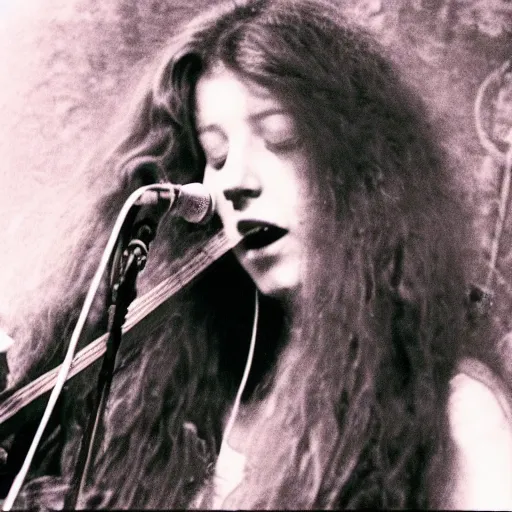 Image similar to 19-year-old girl, long shaggy red hair, playing electric guitar, stoner rock concert, live on stage, super 8mm, 1973