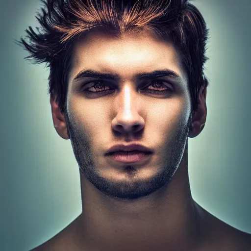 Prompt: a male potrait, glowing, frontal view, cool looking, high resolution