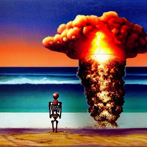 Image similar to a skeleton walking on a beach next to the ocean with nuclear bomb explosion in the background, a naturalism painting by Storm Thorgerson, featured on cg society, matte painting, realistic, chillwave, anatomically correct, light colors, photo-realistic mushroom-cloud in the background