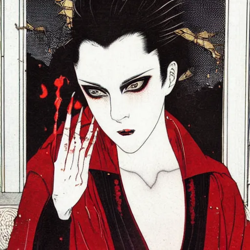 Image similar to beautiful vampire goth woman with red eyes surrounded by ghosts and shadows in a hallway of mirrors, Takato Yamamoto, award winning illustration, character concept