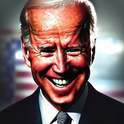 Image similar to joe biden smiling with blood in his face while behind him the world is burning, dramatic lighting, cinematic, establishing shot, extremly high detail, photorealistic, cinematic lighting, artstation, style by James Gurney