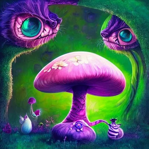 Prompt: the cheshire cat from alice in wonderland sitting on a giant mushroom by anna dittmann, highly detailed, bright tones