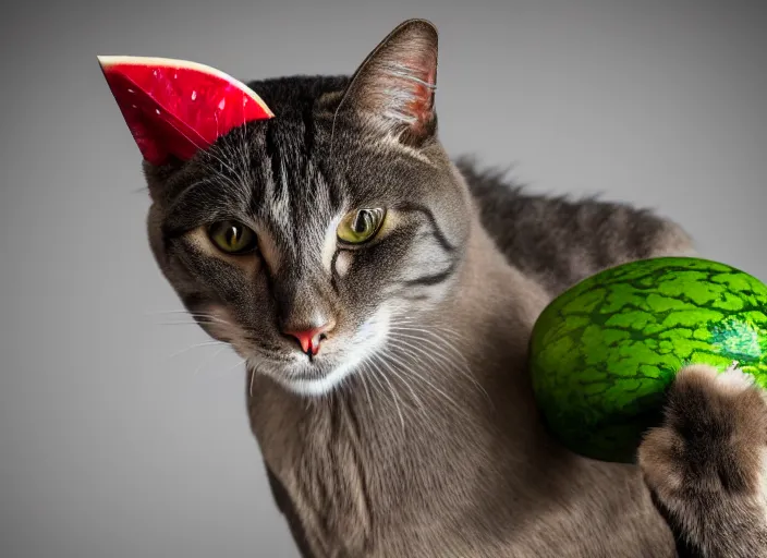 Image similar to photo of a cat wearing a helmet made of a watermelon. fantasy horror style. highly detailed 8 k. intricate. lifelike. soft light. nikon d 8 5 0 5 5 mm. dof. cinematic post - processing.