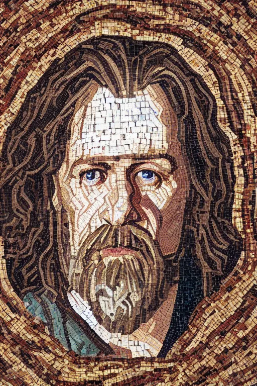 Image similar to intricate and beautifully arranged roman mosaic portrait of the dude from the big Lebowski in the style of a Persian carpet, 8k