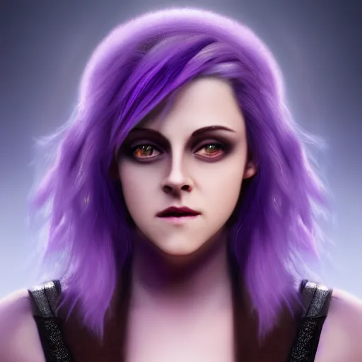 Image similar to Purple skinned Kristen Stewart as a smiling Elf wizard smooth purple skin!, + purple skin Photorealistic digital art trending on artstation, artgem, 4k HD.