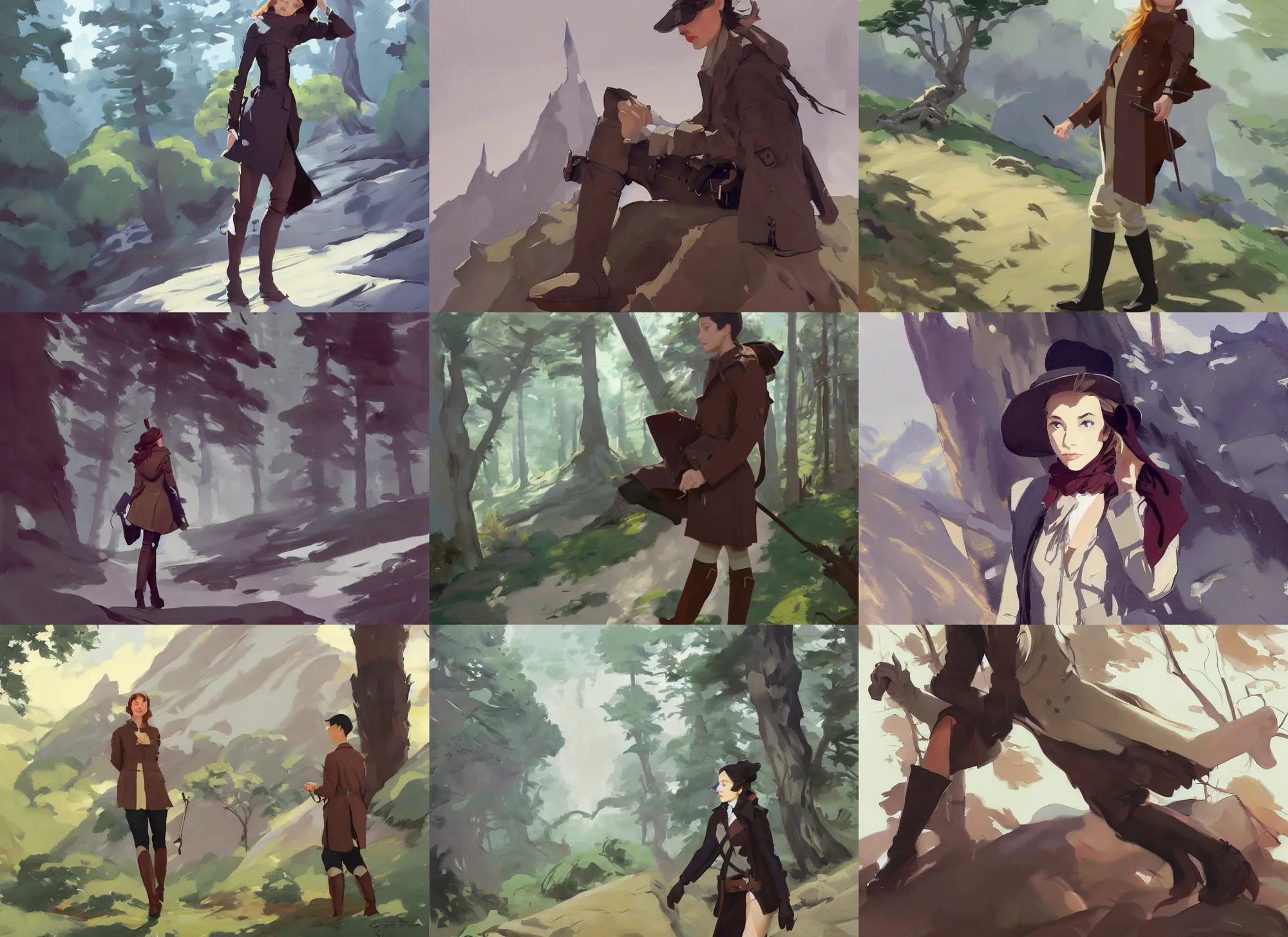 Image similar to cloth fabric jodhpurs knee high boots travel coat fashion, solo hiking in mountains trees, greg manchess painting by sargent and leyendecker, studio ghibli, fantasy, asymmetrical, intricate, elegant, matte painting, illustration, hearthstone, by greg rutkowski, by greg tocchini, by james gilleard, by joe fenton