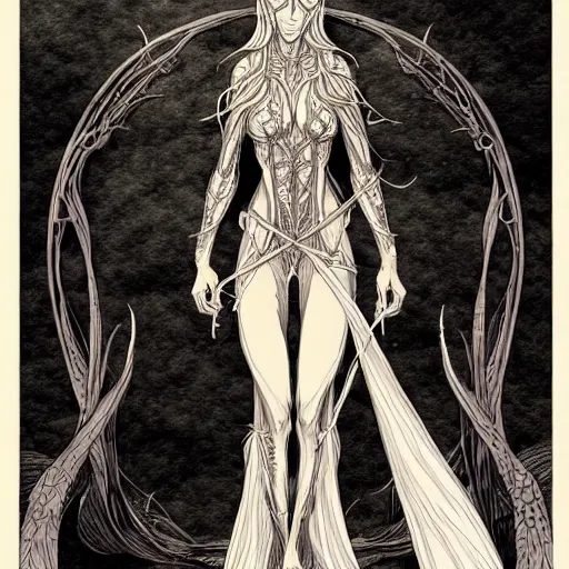 Image similar to full elven witch, intricate, veins, by Hugo pratt, ultradetailed, trending on artstation,
