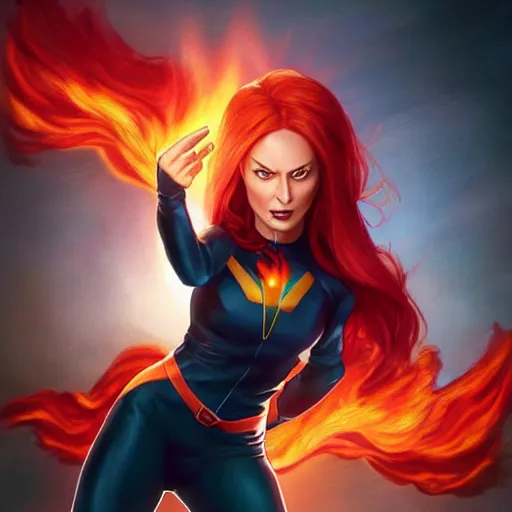 Image similar to jean grey, a full body portrait of jean grey, green eyes, red hair, phoenix rising, flames, flying, comic, x - men, highly detailed, artstation, deviantart, symetry, digital painting, vivid colors, realistic shaded perfect face, volumetric lighting, atmospheric, sharp focus, moody, art by artgerm and greg rutkowski, 8 k