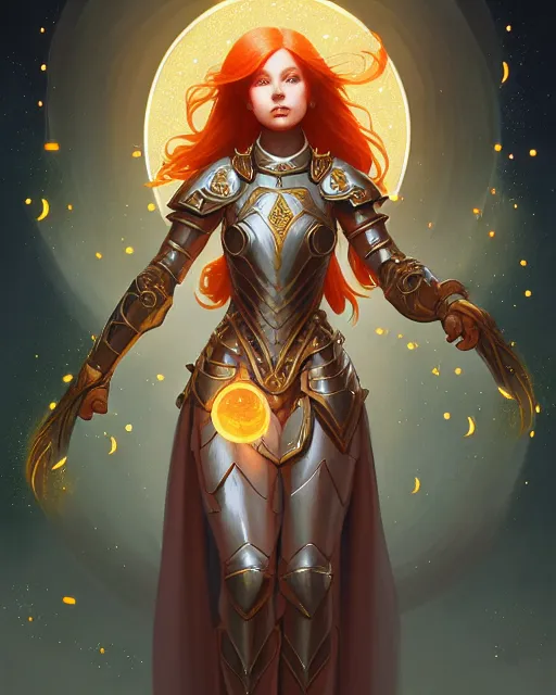 Image similar to symmetry full body of redhead princess, glam, cleric wearing armor plate, fireflies, crypt background, intricate, elegant, highly detailed, digital painting, artstation, concept art, smooth, sharp focus, illustration, art by artgerm and greg rutkowski and fra angelico and alphons mucha