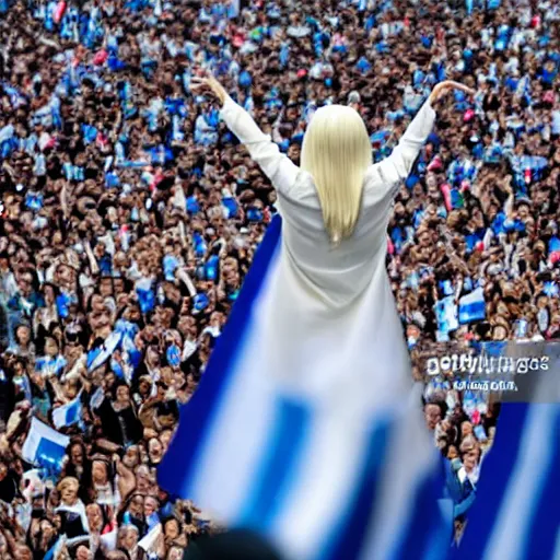 Image similar to Lady Gaga as president, Argentina presidential rally, Argentine flags behind, bokeh, giving a speech, detailed face, Argentina