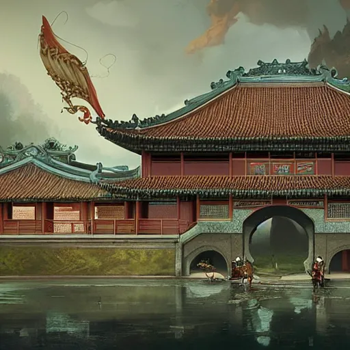 Image similar to tang dynasty palace by peter mohrbacher and dan mumford and nekro, cgsociety, volumetric light, 3 d render ， - h 6 4 0