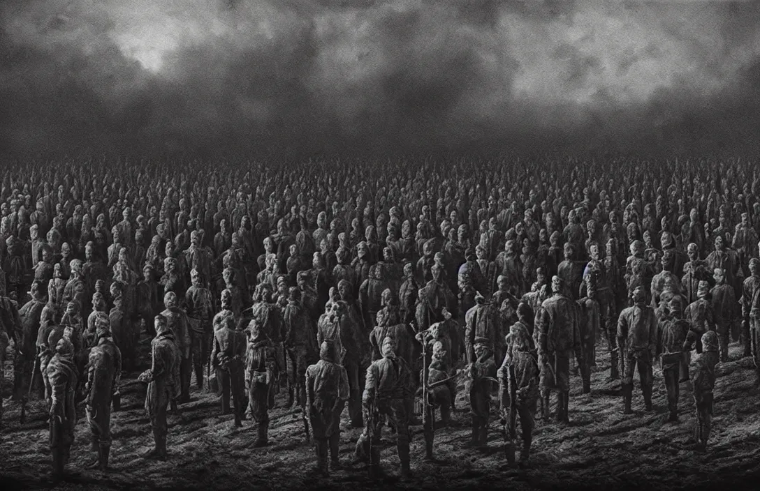 Image similar to the rules of proportion, scale, and perspective are disregarded general harangues the troops intact flawless ambrotype from 4 k criterion collection remastered cinematography gory horror film, ominous lighting, evil theme wow photo realistic postprocessing surviving painting excommunication roger deakins cinematography