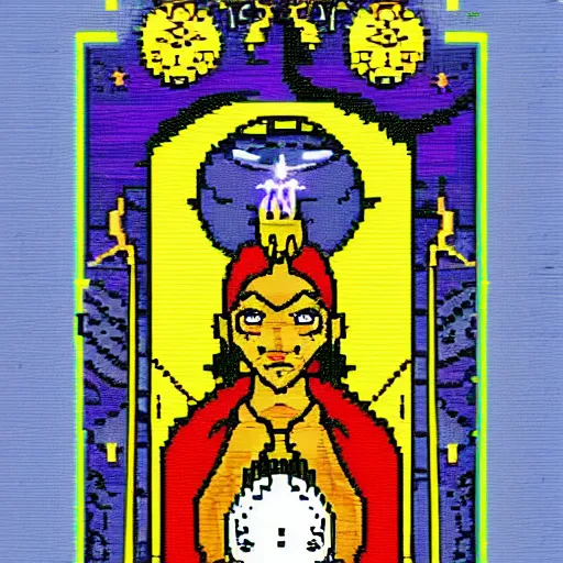 Image similar to the moon star in tarot card style with pixel art, tarot deck, pixel art, symetric, fantasy, behance, pinterest, deviantart, artstation, concept art