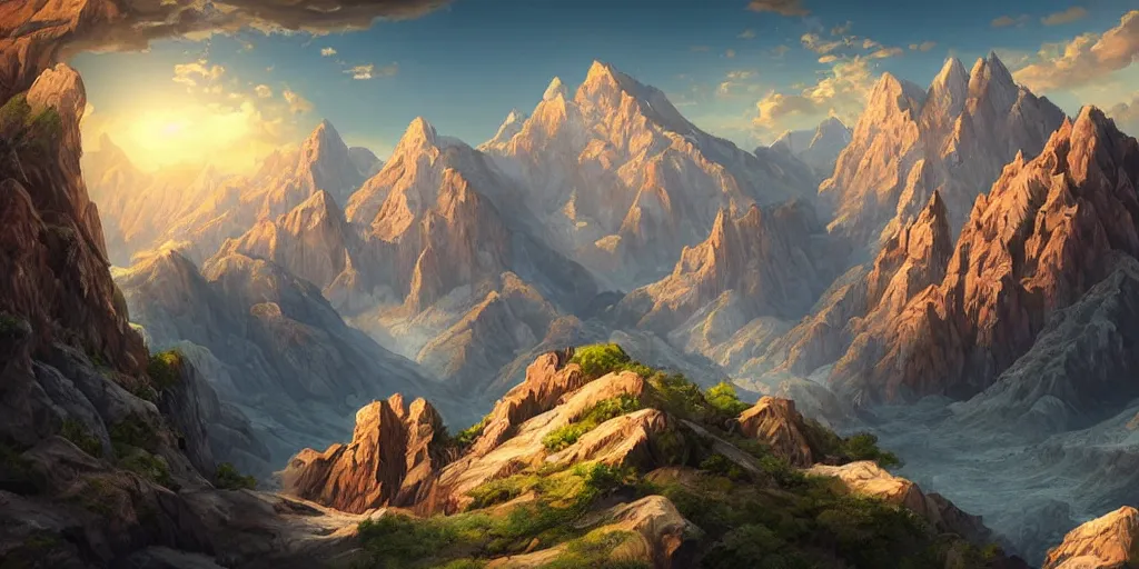 Image similar to beautiful matte painting of large mountains and canyons, fantasy