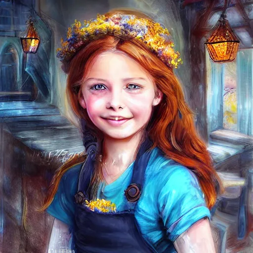 Prompt: the blacksmits’ daughter, working in the forge, Blue eyes, a smile at her face, fantasy art in the style of Lilia Alvarado,