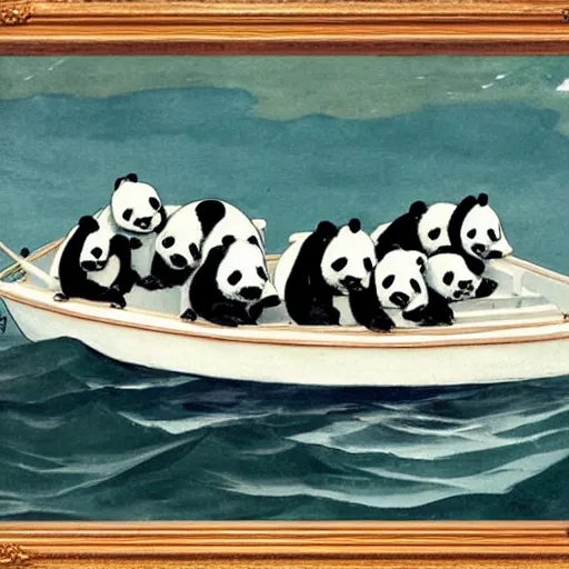 Image similar to a boat filled with pandas by winslow homer