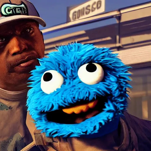 Image similar to cookie monster in gta 5 cover photo 8 k hyperdetailed photorealism