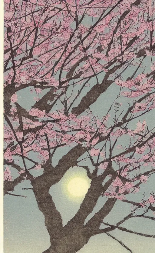 Prompt: by akio watanabe, manga art, no animals, no people, blossoming sakura petals and white sky, trading card front, sun in the background