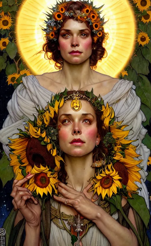 Image similar to magic gorgeous goddess portrait, sorrounded by sunflowers lighting by weta studio, mucha, bautista and norman rockwell and greg rutkowski and tom bagshaw and james gurney and lucasfilm