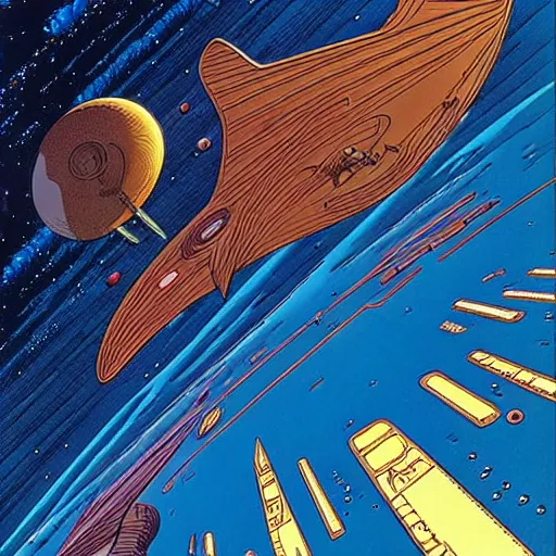 Image similar to the crew of the enterprise - d on the style of jean giraud moebius