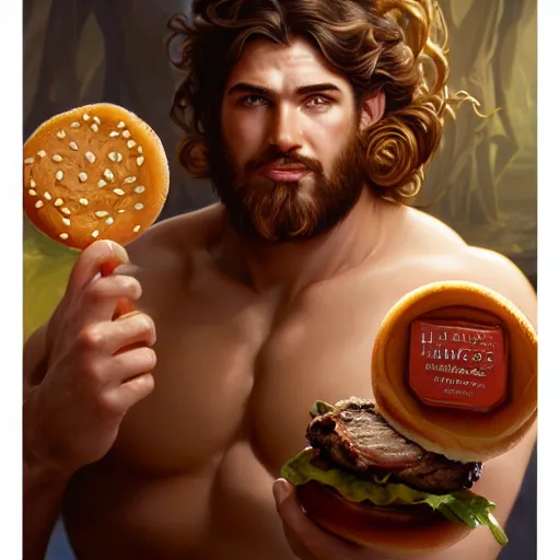 Prompt: portrait of hercules eating hamburgers, extra onions and ketchup, luscious patty with sesame seeds, feminine ethereal, handsome, d & d, fantasy, intricate, elegant, highly detailed, digital painting, artstation, concept art, matte, sharp focus, illustration, art by artgerm and greg rutkowski and alphonse mucha