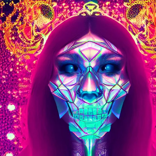 Image similar to a highly detailed symmetric wide shot of Grimes with a head as a diamond skull in a large room simulation with holographic symbolic codes