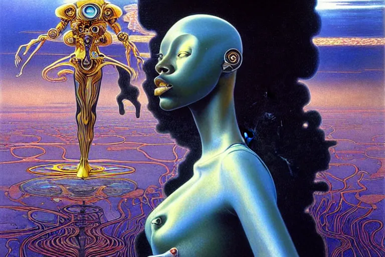 Image similar to realistic extremely detailed portrait painting of a beautiful black woman with a robot, futuristic sci-fi landscape on background by Jean Delville, Amano, Yves Tanguy, Mark Brooks, Alphonse Mucha, Ernst Haeckel, Edward Robert Hughes, Roger Dean, rich moody colours, blue eyes