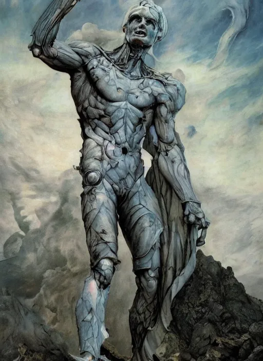 Prompt: statue of a diabolical marble stone cyborg, wearing torn white cape, dynamic pose, thunder, glowing eyes, post apocalyptic ancient ruins, glowing veins subsurface scattering, in clouds, sunset, portrait, by gerald brom, by mikhail vrubel, by peter elson, muted colors, extreme detail, trending on artstation, 8 k