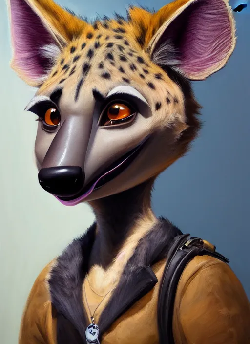 Image similar to oil painting detailed full body of anthromorphic female hyena, in style of zootopia, zootopia, zootopia, fursona, furry, furaffinity, 4 k, deviantart, furry art, fursona art, wearing black business suit, in style of zootopia, hyena fursona, cyberpunk, female, expressive, detailed feminine face,