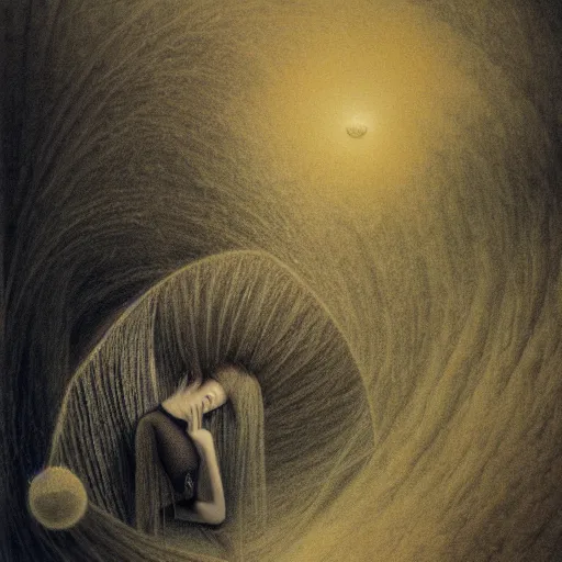 Prompt: descending into madness by itsuko azuma, kinuko y. craft, tanaka suguru, remedios varo, graphite, dreamy, mysterious, hyper detailed