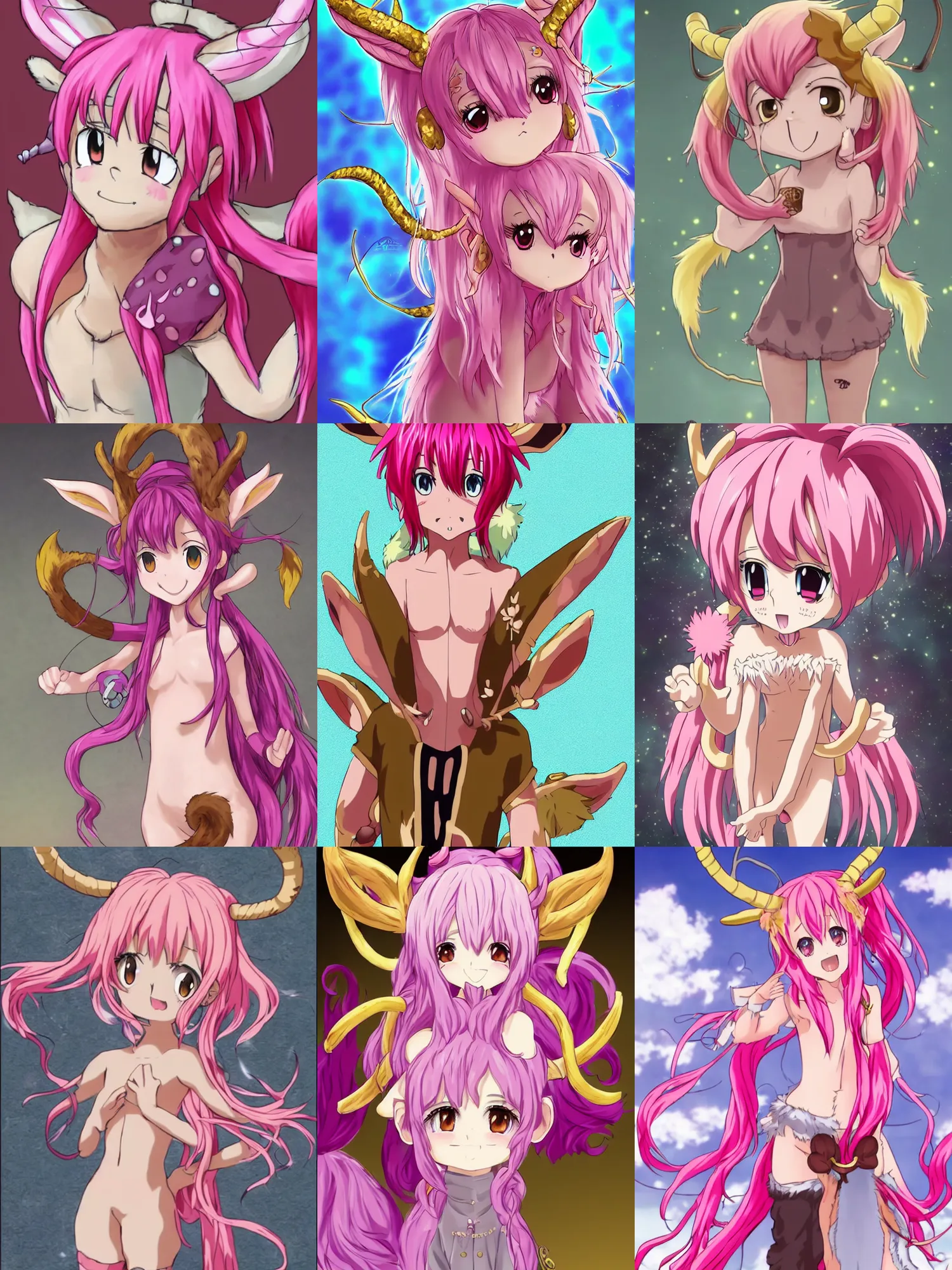 Image similar to Anime key art of a cute smiling faun with pink colored hair, her gold colored horns have notches, she has brown fur and a matching fluffy tail